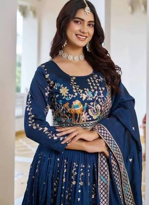 Blue Sequins Embroidered Polyester A Line Lehenga Choli with Dupatta 3