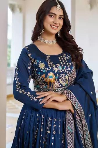 Blue Sequins Embroidered Polyester A Line Lehenga Choli with Dupatta