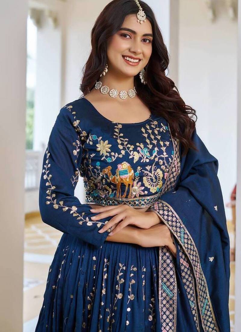Blue Sequins Embroidered Polyester A Line Lehenga Choli with Dupatta