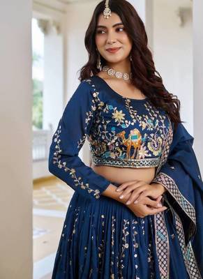 Blue Sequins Embroidered Polyester A Line Lehenga Choli with Dupatta 4