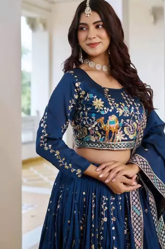 Blue Sequins Embroidered Polyester A Line Lehenga Choli with Dupatta