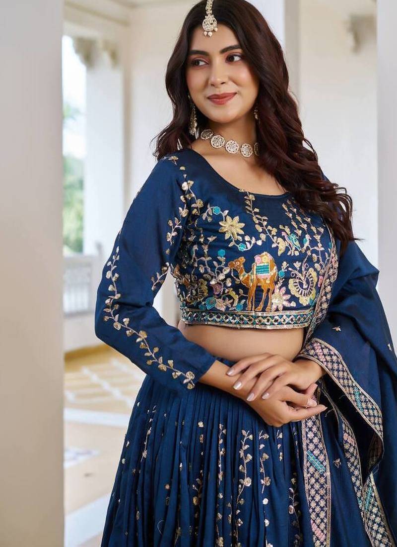 Blue Sequins Embroidered Polyester A Line Lehenga Choli with Dupatta