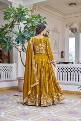Mustard Sequins Embroidered Polyester A Line Bridal Lehenga Choli with Dupatta 2