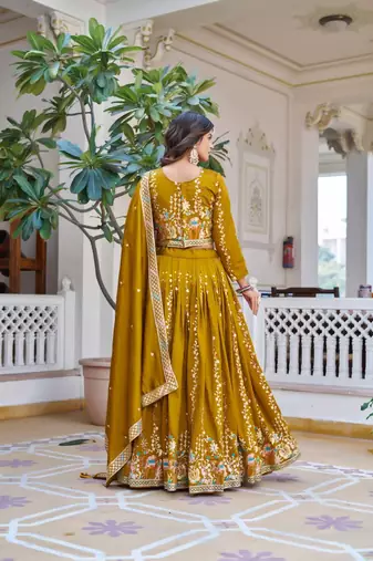 Mustard Sequins Embroidered Polyester A Line Bridal Lehenga Choli with Dupatta
