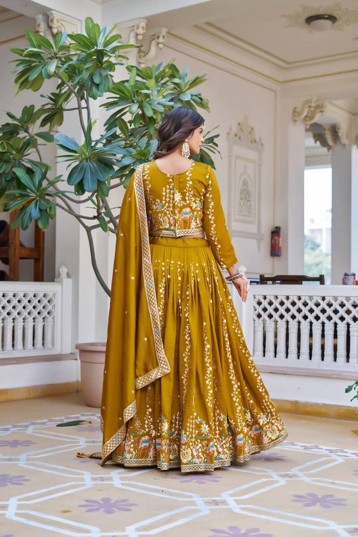 Mustard Sequins Embroidered Polyester A Line Bridal Lehenga Choli with Dupatta