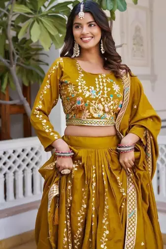 Mustard Sequins Embroidered Polyester A Line Bridal Lehenga Choli with Dupatta