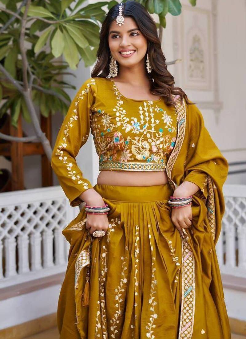 Mustard Sequins Embroidered Polyester A Line Bridal Lehenga Choli with Dupatta
