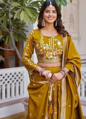 Mustard Sequins Embroidered Polyester A Line Bridal Lehenga Choli with Dupatta 4
