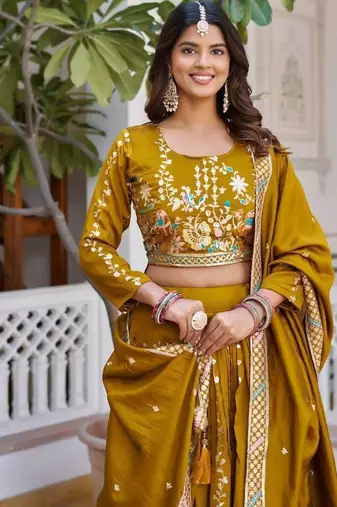 Mustard Sequins Embroidered Polyester A Line Bridal Lehenga Choli with Dupatta