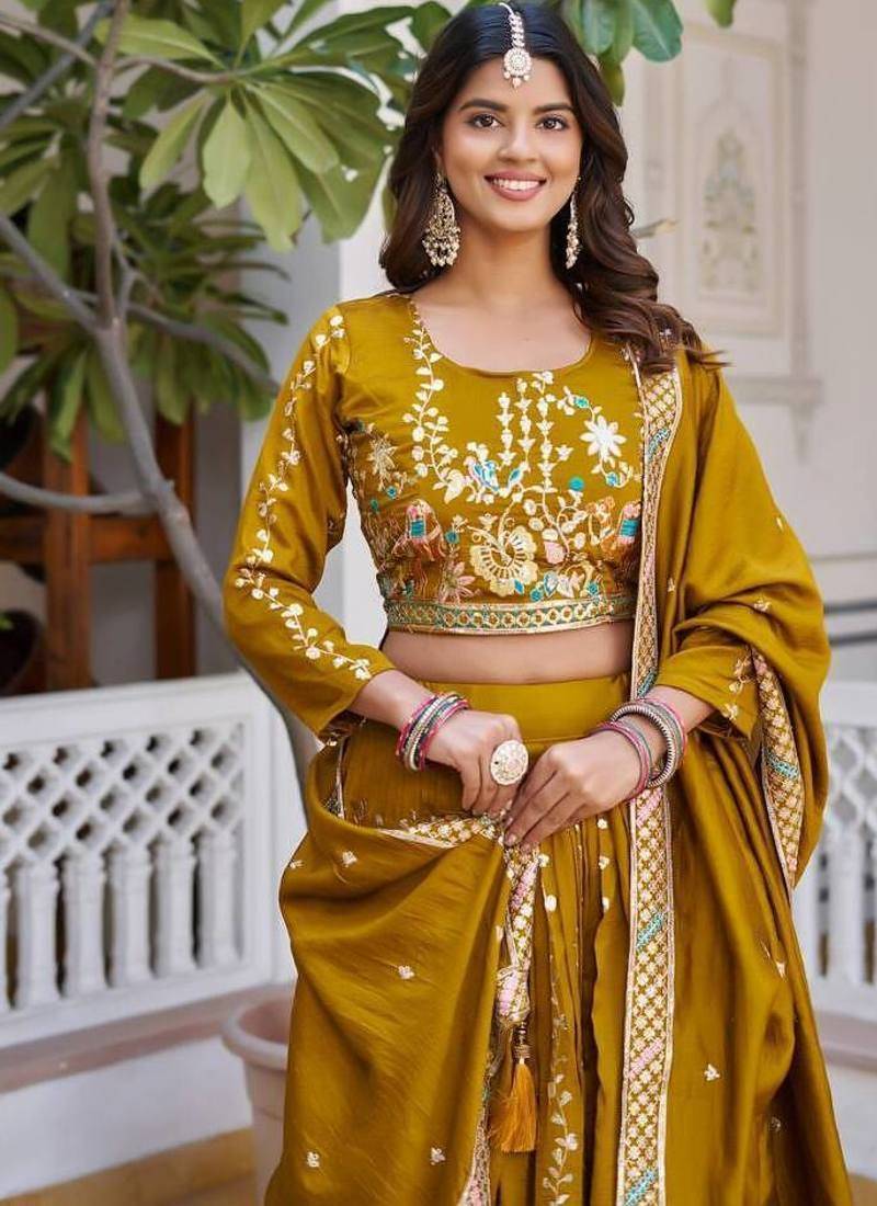 Mustard Sequins Embroidered Polyester A Line Bridal Lehenga Choli with Dupatta