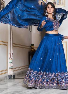 Royal Blue Sequins Embroidered Polyester A Line Lehenga Choli with Dupatta 1
