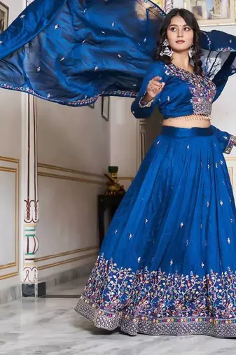 Royal Blue Sequins Embroidered Polyester A Line Lehenga Choli with Dupatta