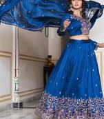 Royal Blue Sequins Embroidered Polyester A Line Lehenga Choli with Dupatta