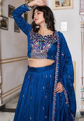 Royal Blue Sequins Embroidered Polyester A Line Lehenga Choli with Dupatta 2