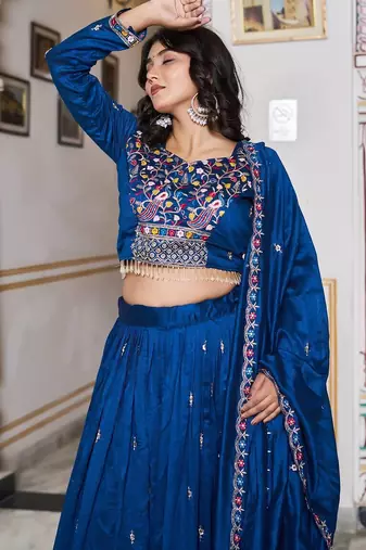 Royal Blue Sequins Embroidered Polyester A Line Lehenga Choli with Dupatta
