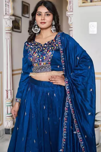 Royal Blue Sequins Embroidered Polyester A Line Lehenga Choli with Dupatta