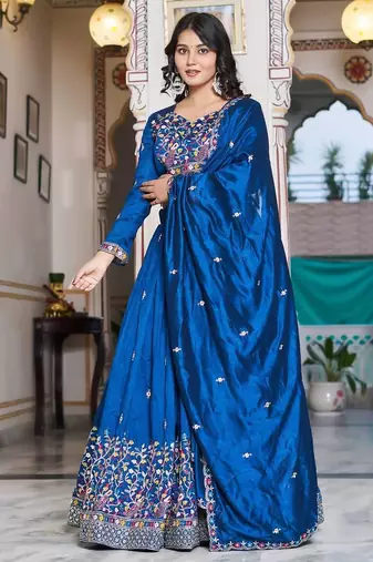 Royal Blue Sequins Embroidered Polyester A Line Lehenga Choli with Dupatta