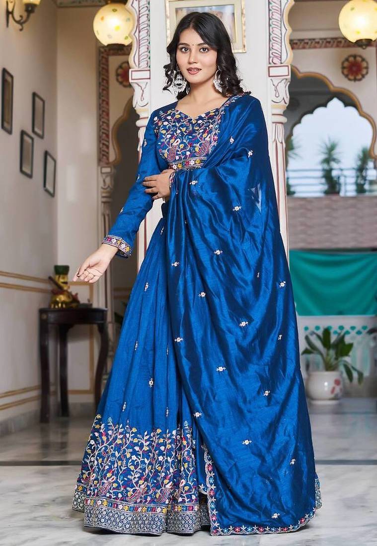 Royal Blue Sequins Embroidered Polyester A Line Lehenga Choli with Dupatta