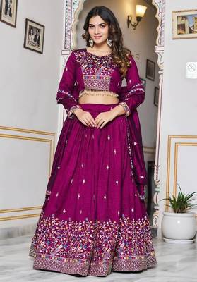 Wine Sequins Embroidered Polyester A Line Lehenga Choli with Dupatta 1