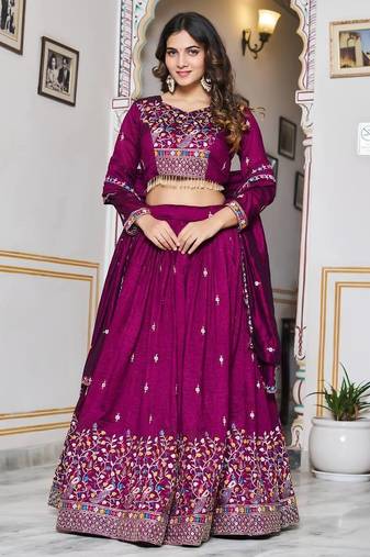 Wine Sequins Embroidered Polyester A Line Lehenga Choli with Dupatta