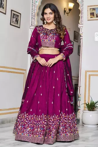Wine Sequins Embroidered Polyester A Line Lehenga Choli with Dupatta