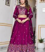 Wine Sequins Embroidered Polyester A Line Lehenga Choli with Dupatta