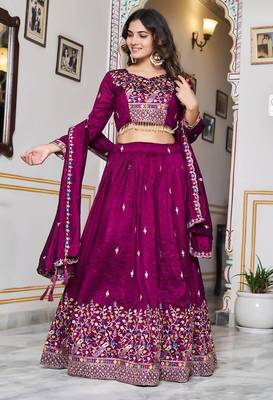 Wine Sequins Embroidered Polyester A Line Lehenga Choli with Dupatta 2