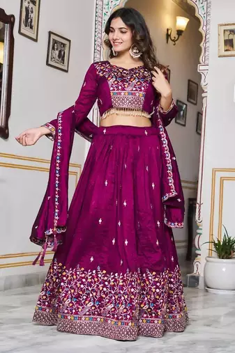 Wine Sequins Embroidered Polyester A Line Lehenga Choli with Dupatta