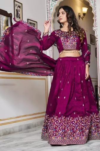 Wine Sequins Embroidered Polyester A Line Lehenga Choli with Dupatta