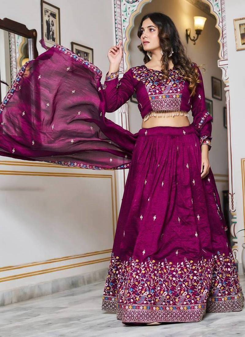 Wine Sequins Embroidered Polyester A Line Lehenga Choli with Dupatta