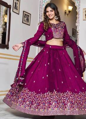 Wine Sequins Embroidered Polyester A Line Lehenga Choli with Dupatta 4