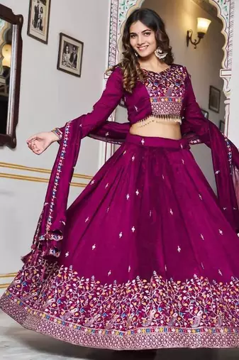 Wine Sequins Embroidered Polyester A Line Lehenga Choli with Dupatta