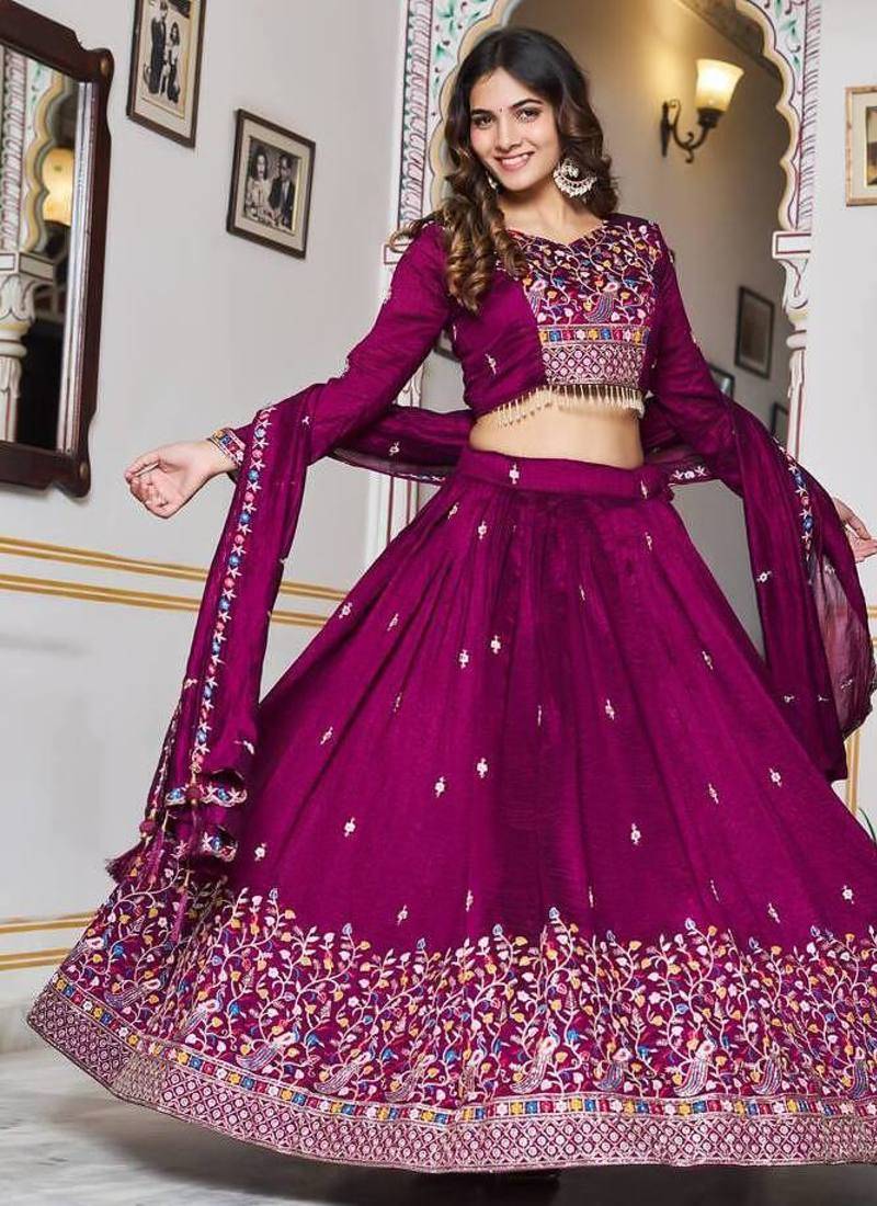 Wine Sequins Embroidered Polyester A Line Lehenga Choli with Dupatta