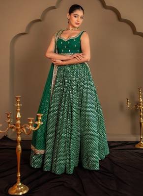 Green Sequins Embroidered Faux Georgette A Line Bridal Lehenga Choli with Dupatta 1