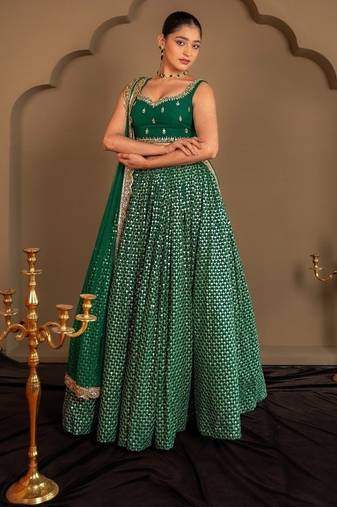 Green Sequins Embroidered Faux Georgette A Line Bridal Lehenga Choli with Dupatta