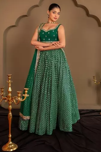 Green Sequins Embroidered Faux Georgette A Line Bridal Lehenga Choli with Dupatta
