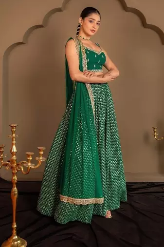 Green Sequins Embroidered Faux Georgette A Line Bridal Lehenga Choli with Dupatta