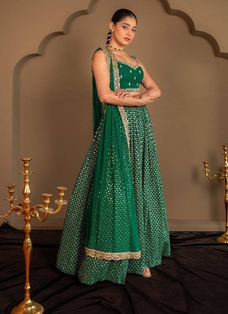 Green Sequins Embroidered Faux Georgette A Line Bridal Lehenga Choli with Dupatta