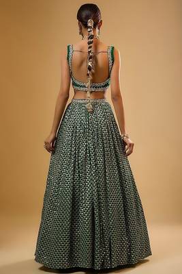 Green Sequins Embroidered Faux Georgette A Line Bridal Lehenga Choli with Dupatta 3