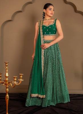 Green Sequins Embroidered Faux Georgette A Line Bridal Lehenga Choli with Dupatta 4