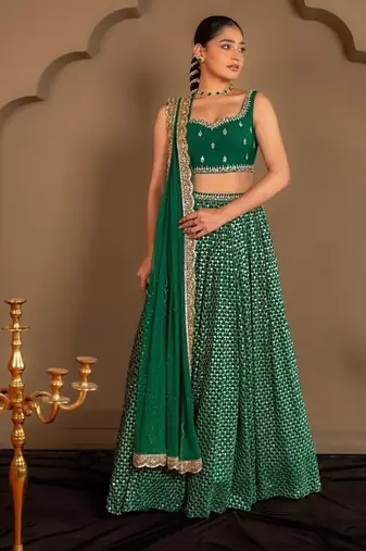 Green Sequins Embroidered Faux Georgette A Line Bridal Lehenga Choli with Dupatta