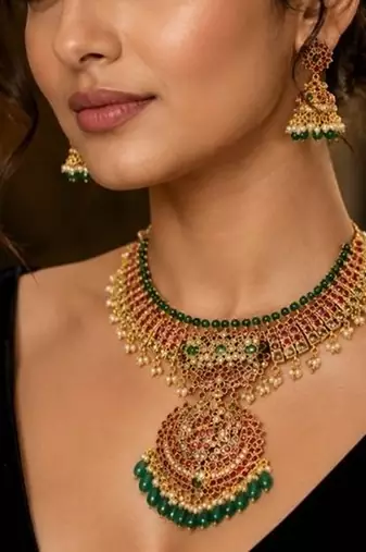 Radha rani ruby green temple bridal necklace