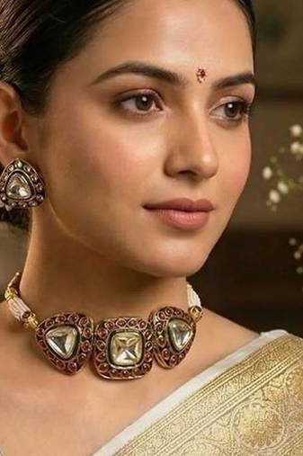 Rajsi mohar red polki choker necklace