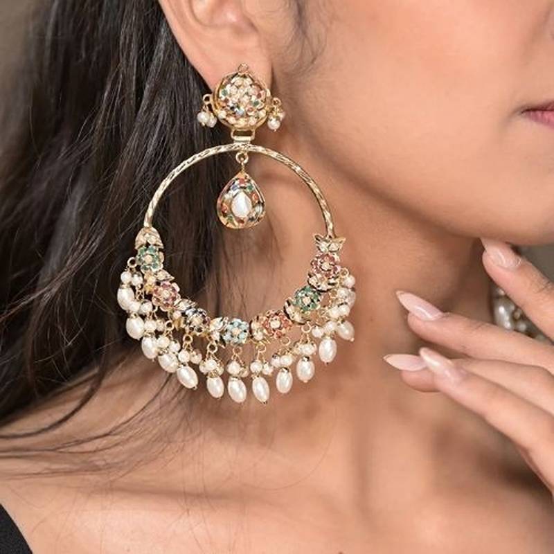 Ahilya jadau white traditional chandbali earrings