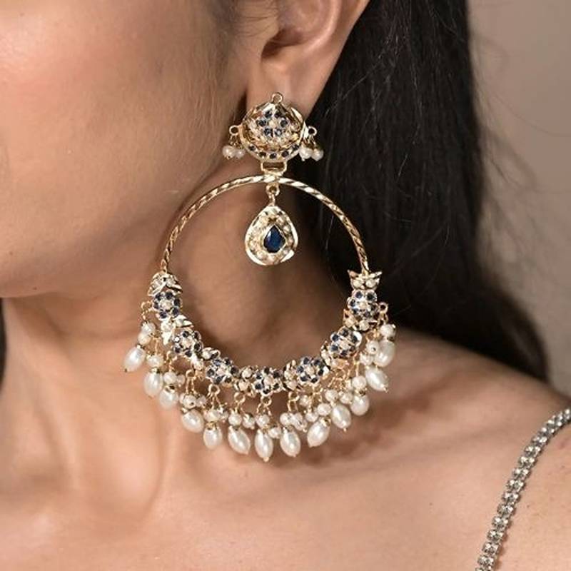 Ahilya jadau blue traditional chandbali earrings