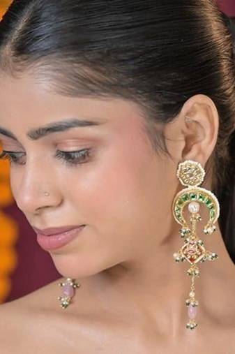 Chandralekha pearl string kashmiri long earrings