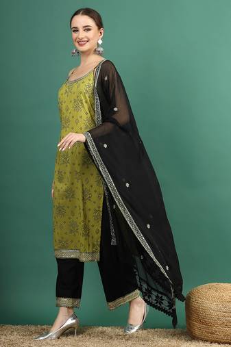 women green bandhani embroidered shoulder straps sequinned kurta with palazzo & dupatta