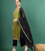 women green bandhani embroidered shoulder straps sequinned kurta with palazzo & dupatta