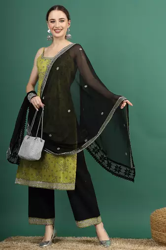 women green bandhani embroidered shoulder straps sequinned kurta with palazzo & dupatta