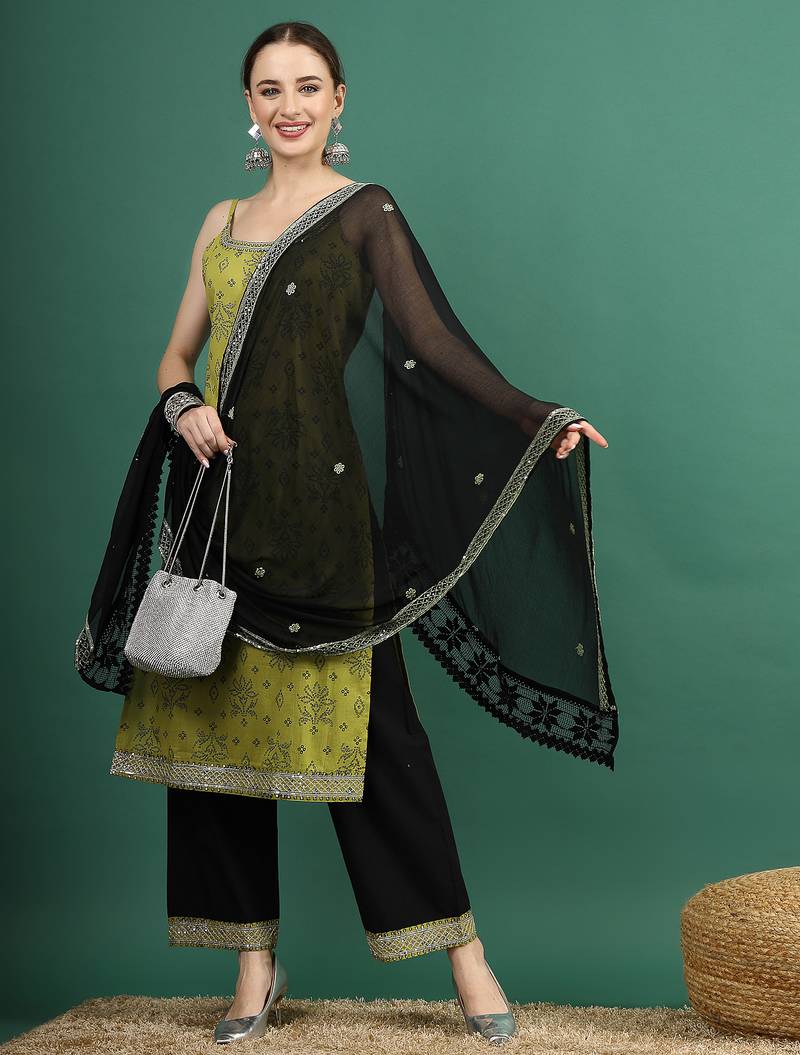 women green bandhani embroidered shoulder straps sequinned kurta with palazzo & dupatta